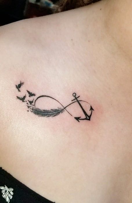 Meanings of Small Tattoo Ideas and Where to Get Them 17 infinity symbol, butterfly, and anchor tattoo on the shoulder