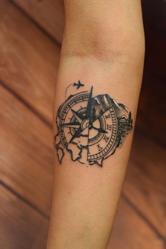 Compass Tattoo Design with World Map and Time Elements
