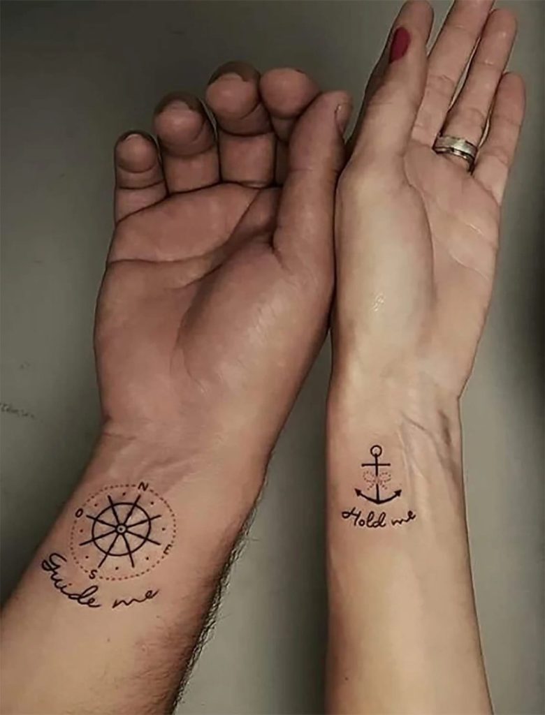 Matching Couple Tattoos Compass and Anchor with Inspirational Quotes
