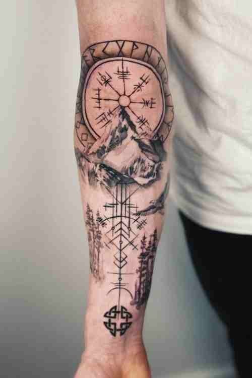 Viking Inspired Tattoo Vegvisir Compass, Mountain, and Runes Design
