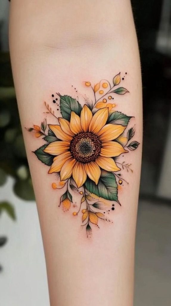 Sunflower Tattoo Meaning, Designs & Placement Ideas 8 Sunflower tattoo with delicate leaves and curved stem