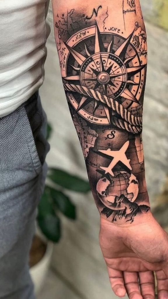 Time and Travel Compass, Globe, and Airplane Tattoo