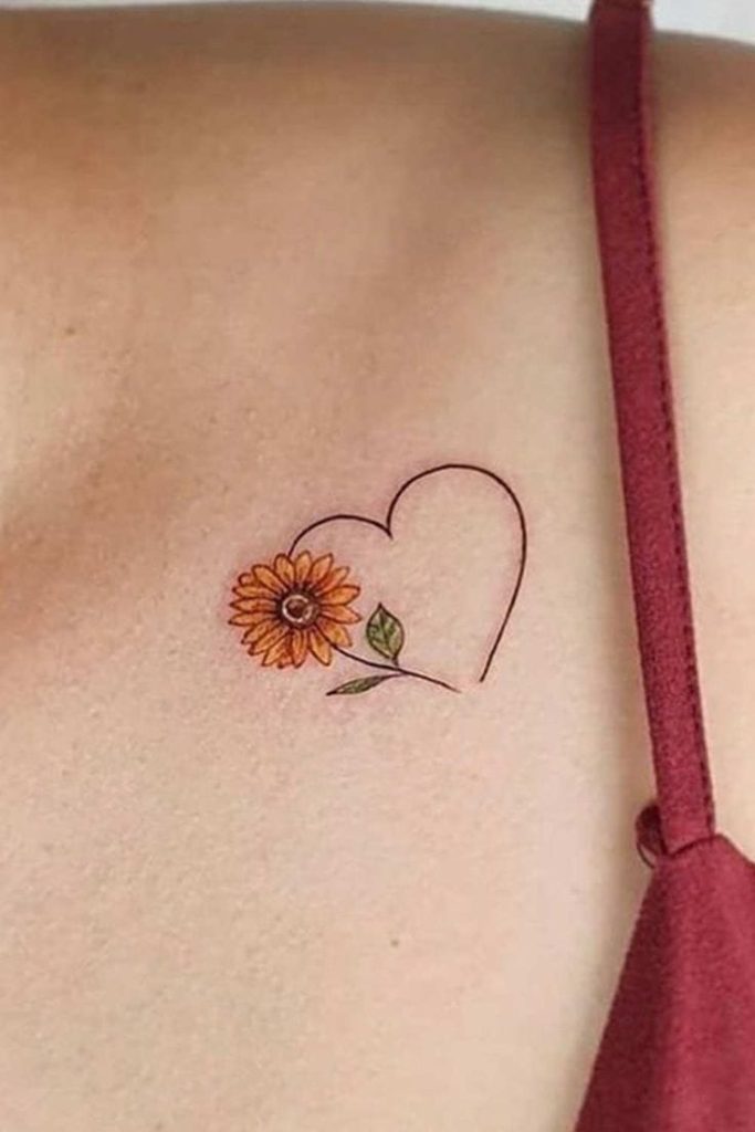 Sunflower Tattoo Meaning, Designs & Placement Ideas 1 Sunflower and heart tattoo with fine-line details