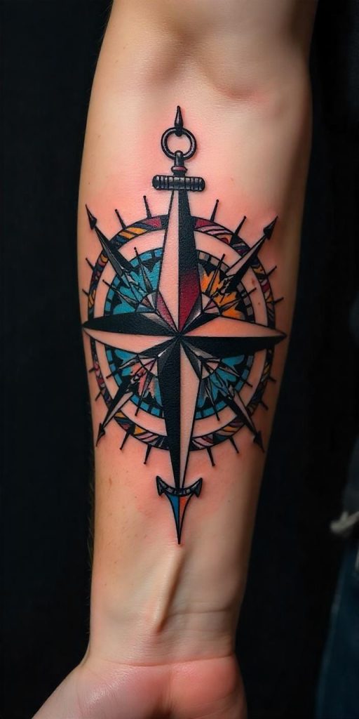 Navigating Life A Compass Rose Tattoo with Vibrant Colors