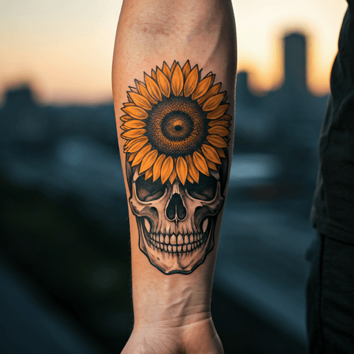 Sunflower Tattoo Meaning, Designs & Placement Ideas 7 Sunflower and skull tattoo design in black ink
