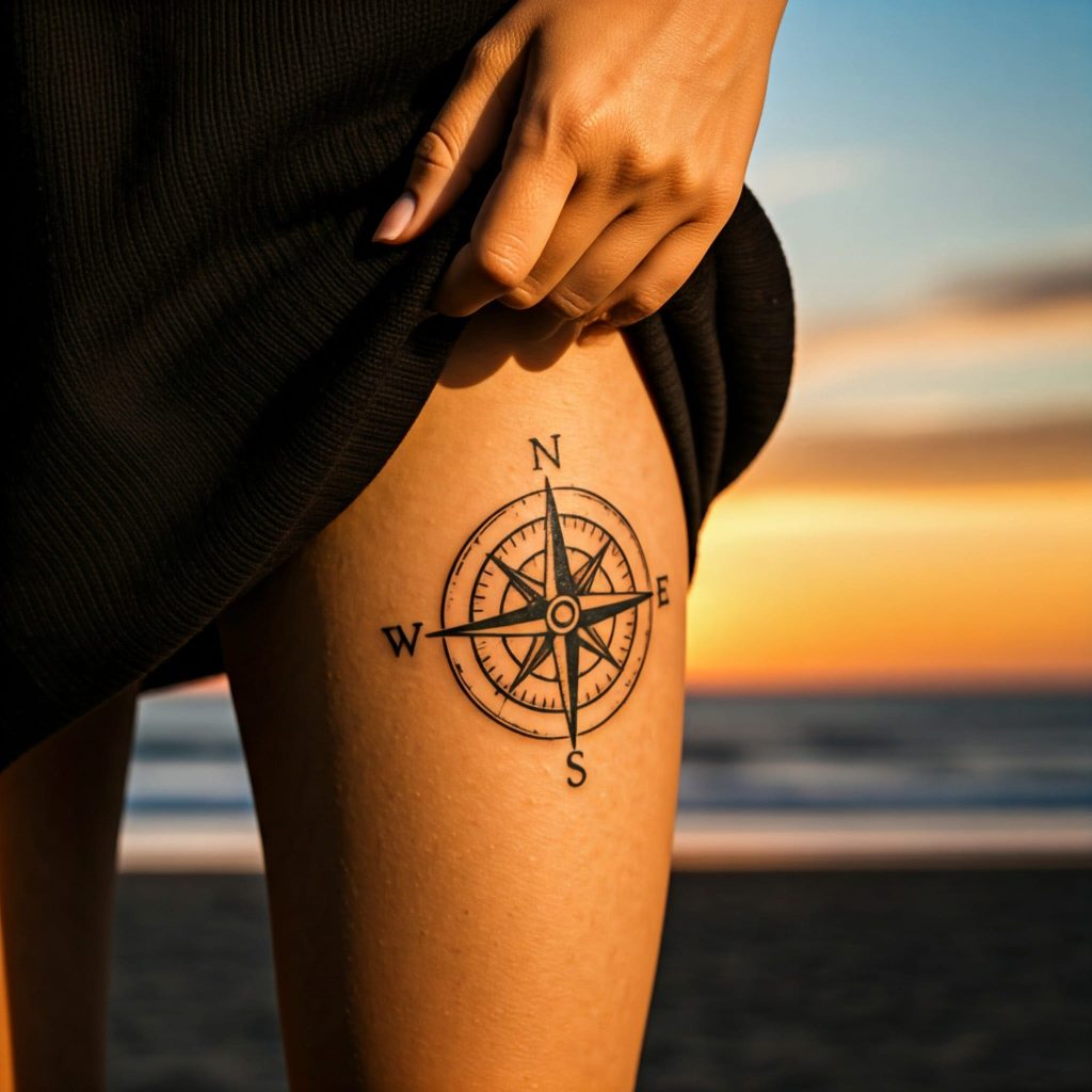 The girl has a compass tattoo on her leg