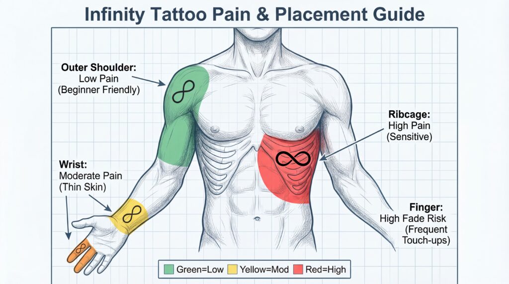 Tattoo pain chart showing low pain on arm vs high pain on ribs.