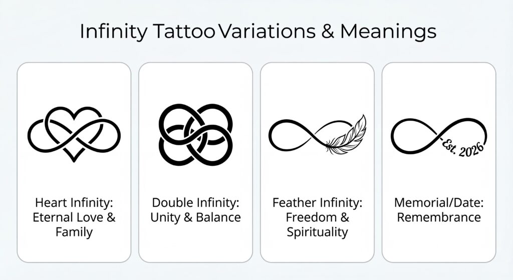 Infographic showing meanings of heart, double, and feather infinity tattoos.
