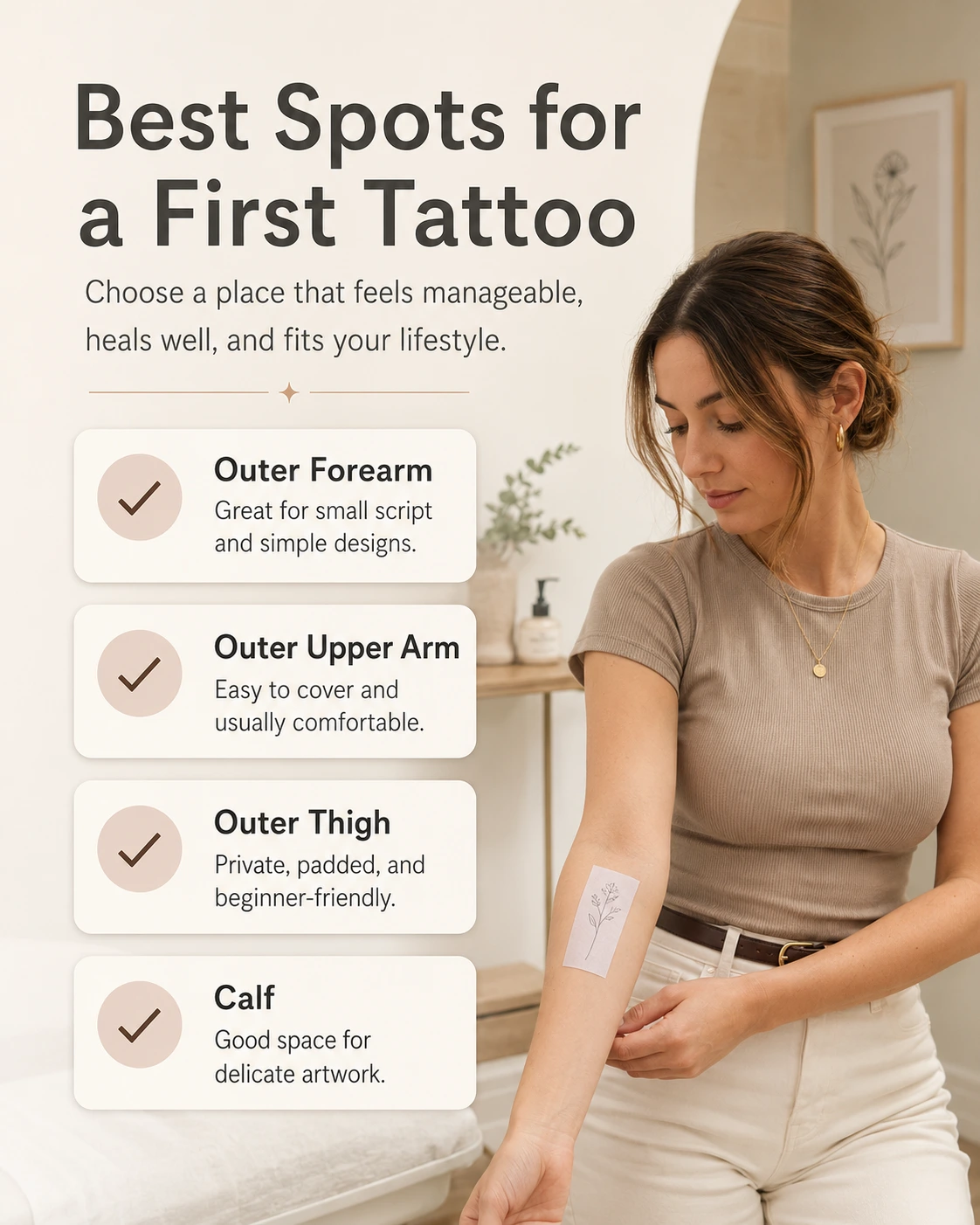 Best spots for a first tattoo including outer forearm outer upper arm outer thigh and calf