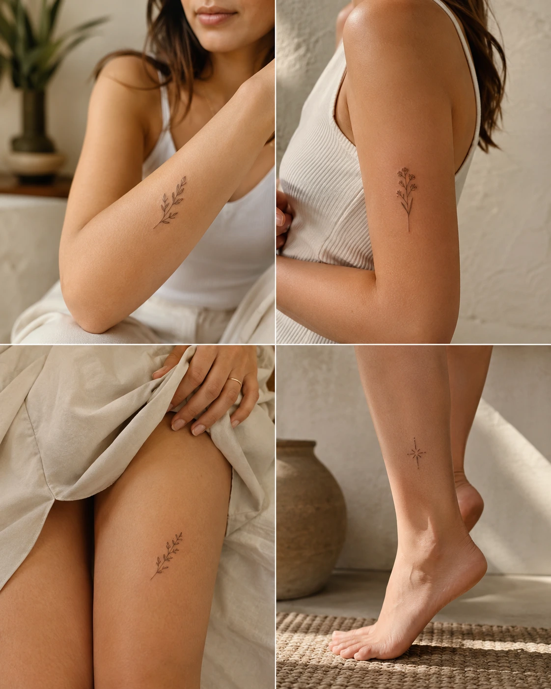 Small minimalist tattoos shown on beginner-friendly low-pain placements