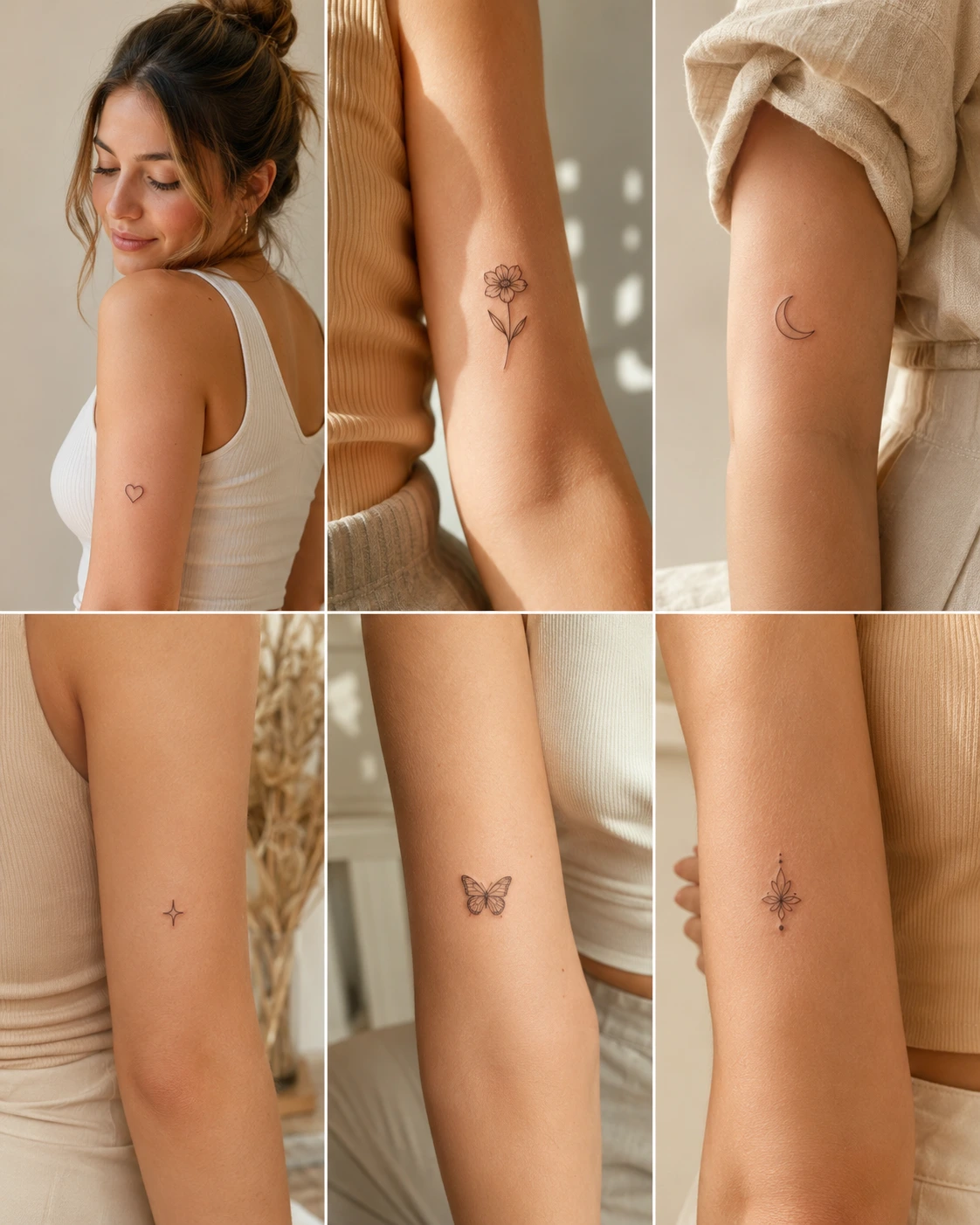 Small tattoo ideas such as a tiny heart, flower, and star on low-pain placements