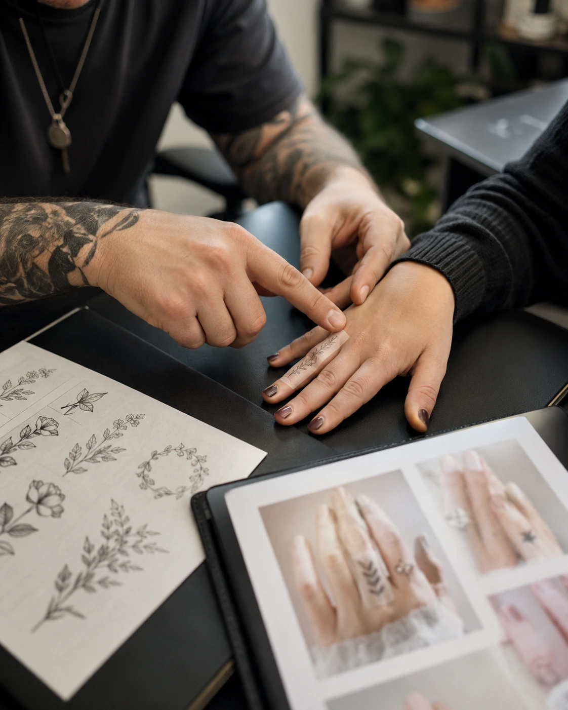 Tattoo artist reviewing finger tattoo placement and stencil