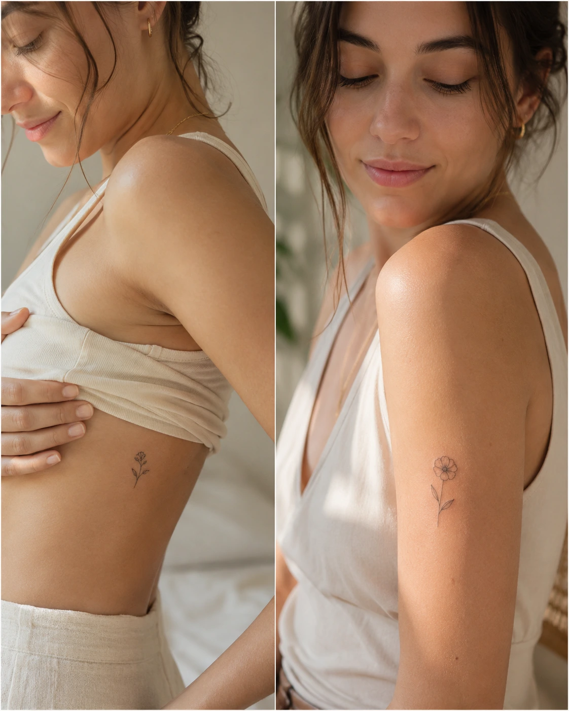 Small tattoos on different placements shown in a clean comparison-style editorial image