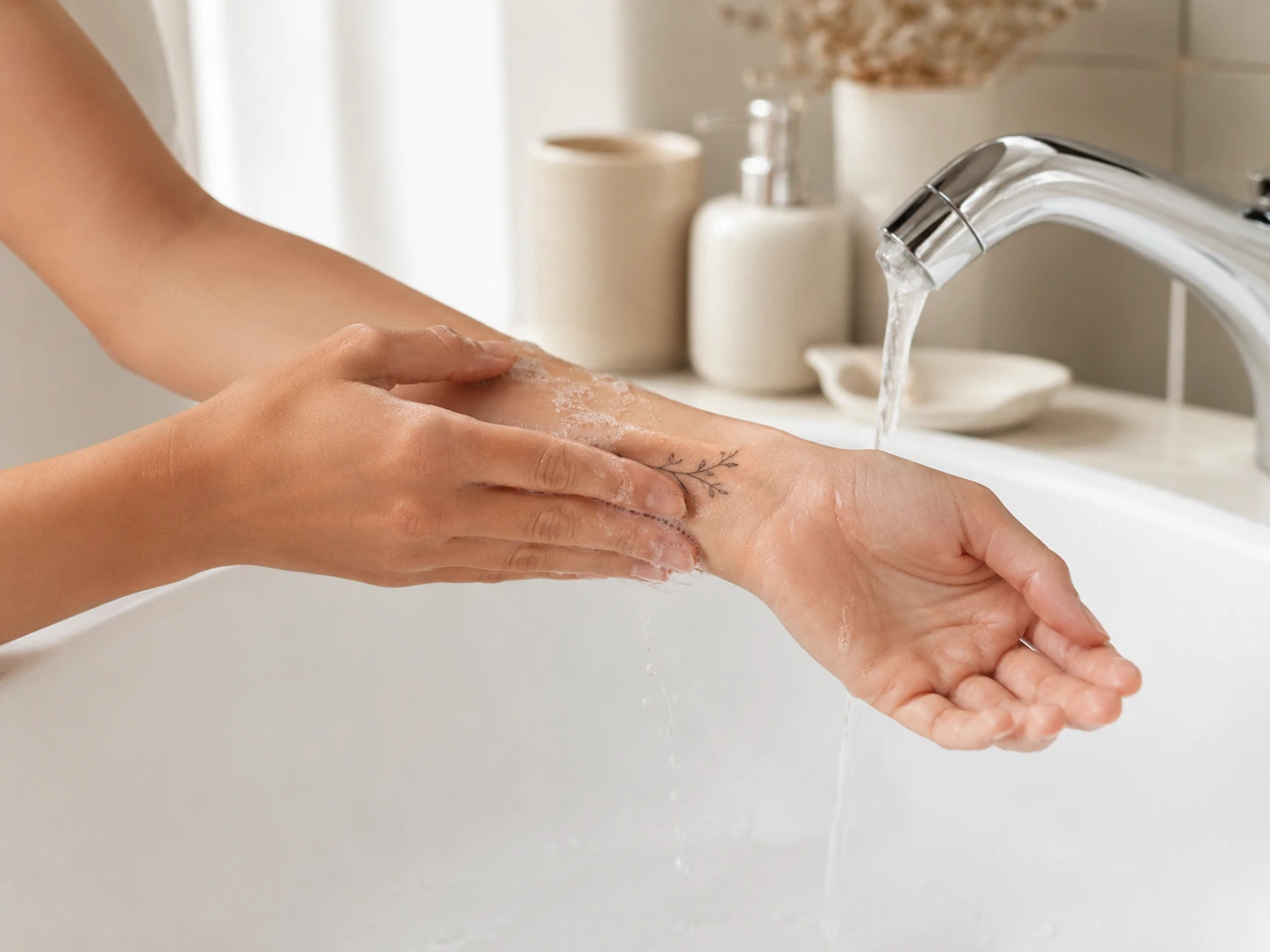 Clean hands gently washing a small wrist tattoo during the first day of aftercare