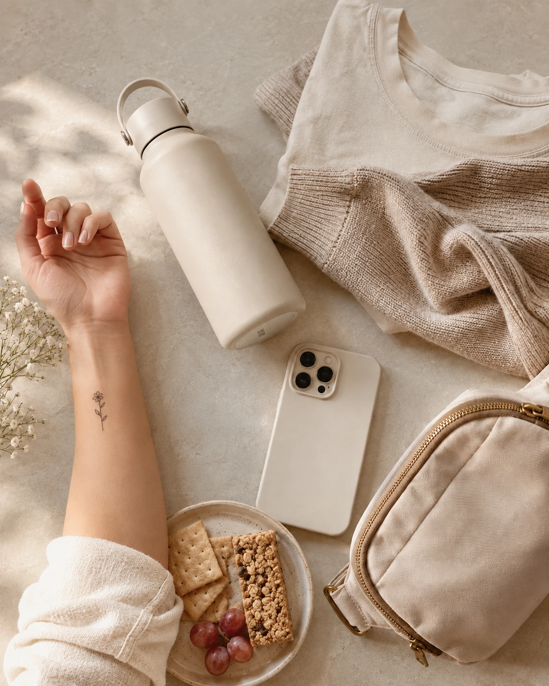 First tattoo preparation items like water, a snack, and comfortable clothing in a clean aesthetic layout