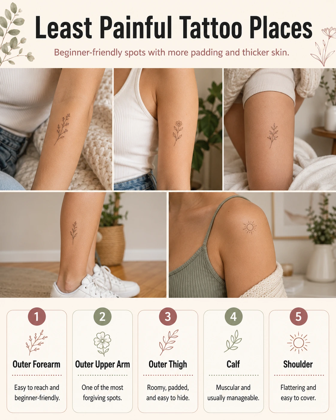 Least painful tattoo places including outer forearm outer upper arm outer thigh calf and shoulder