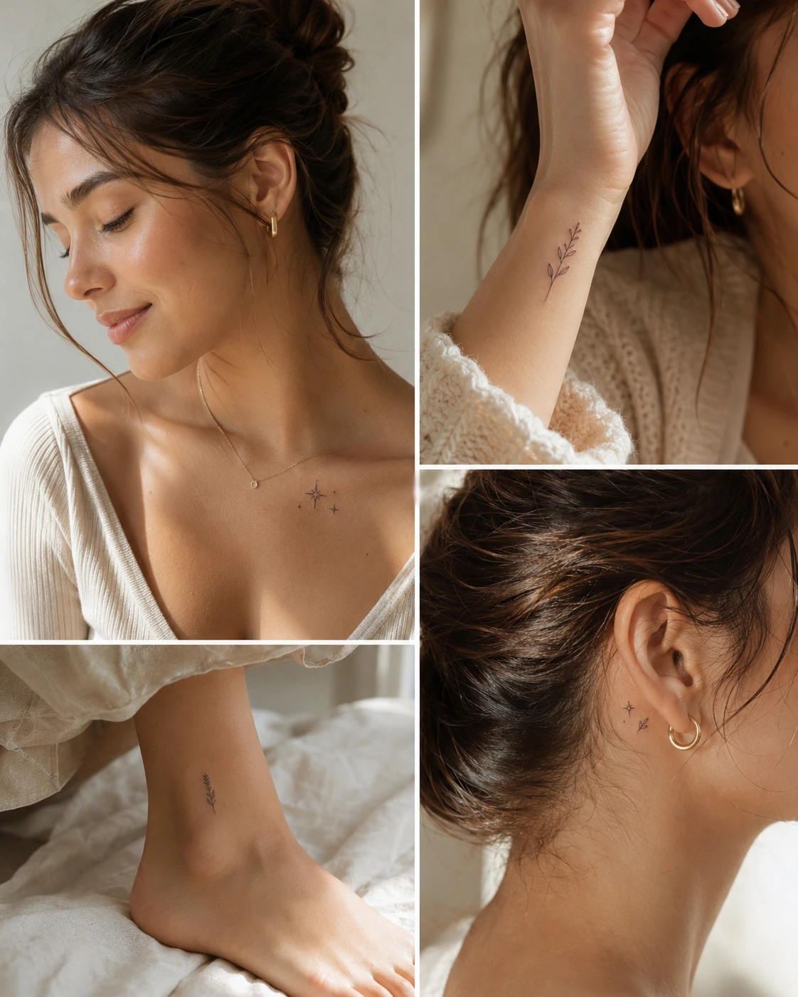 Small tattoo placements like wrist and ankle shown in a calm editorial style