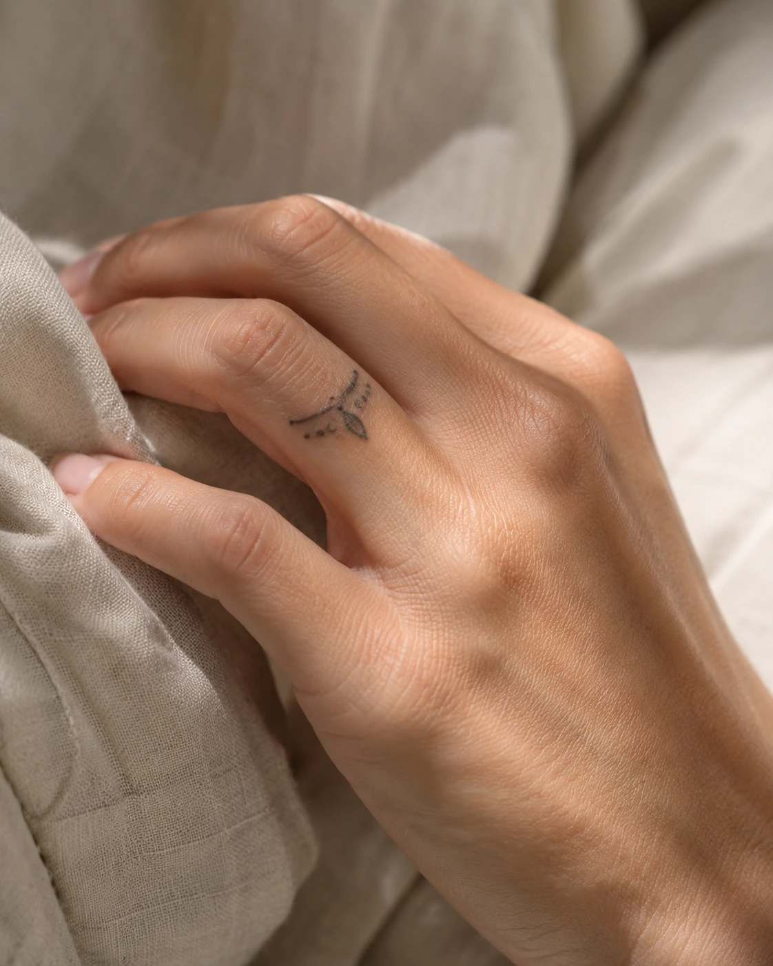 Minimal ornamental linework tattoo on a finger