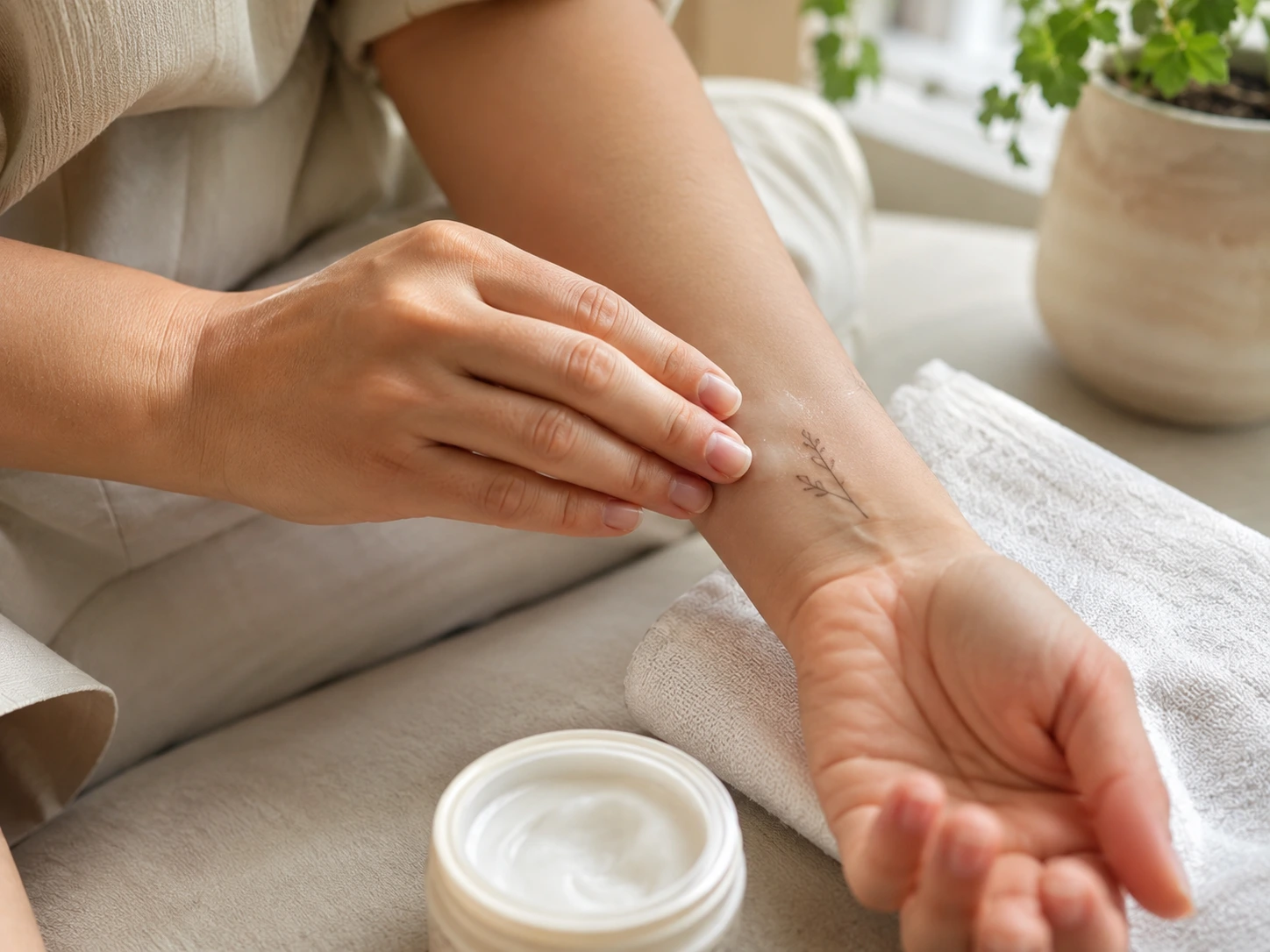 Applying a thin layer of gentle moisturizer to a small healing tattoo