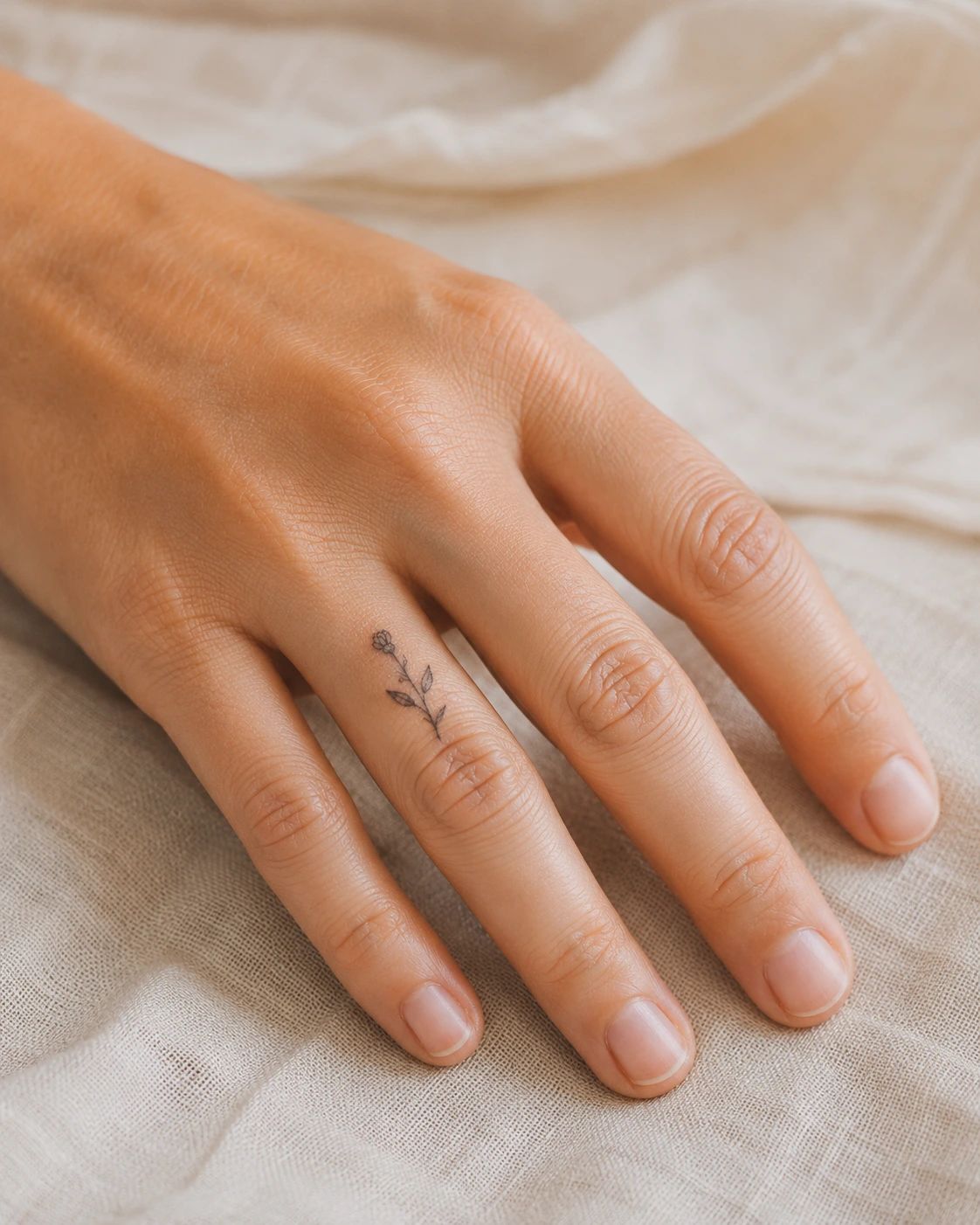 Small botanical sprig tattoo on a finger