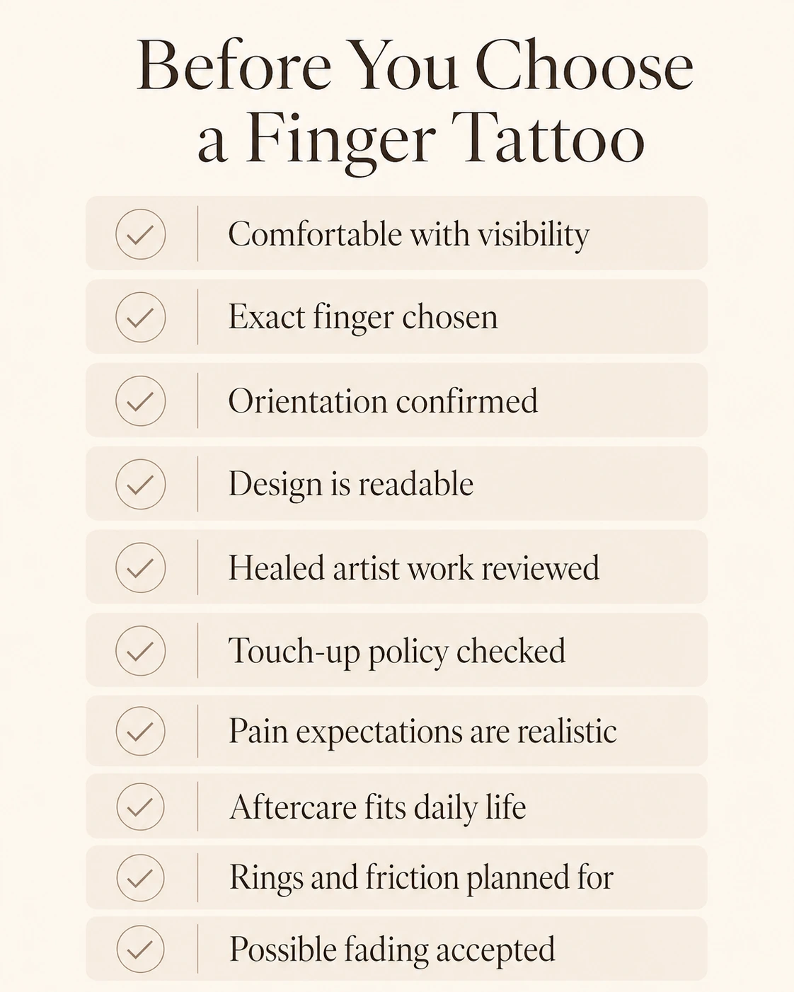 Small finger tattoo decision checklist infographic