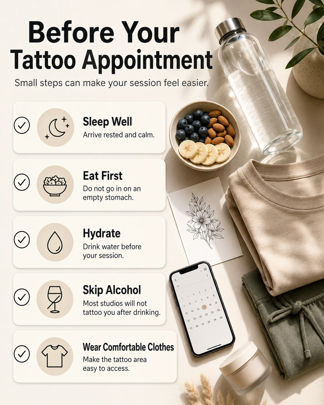 Tattoo appointment preparation checklist with water food sleep alcohol and comfortable clothes tips