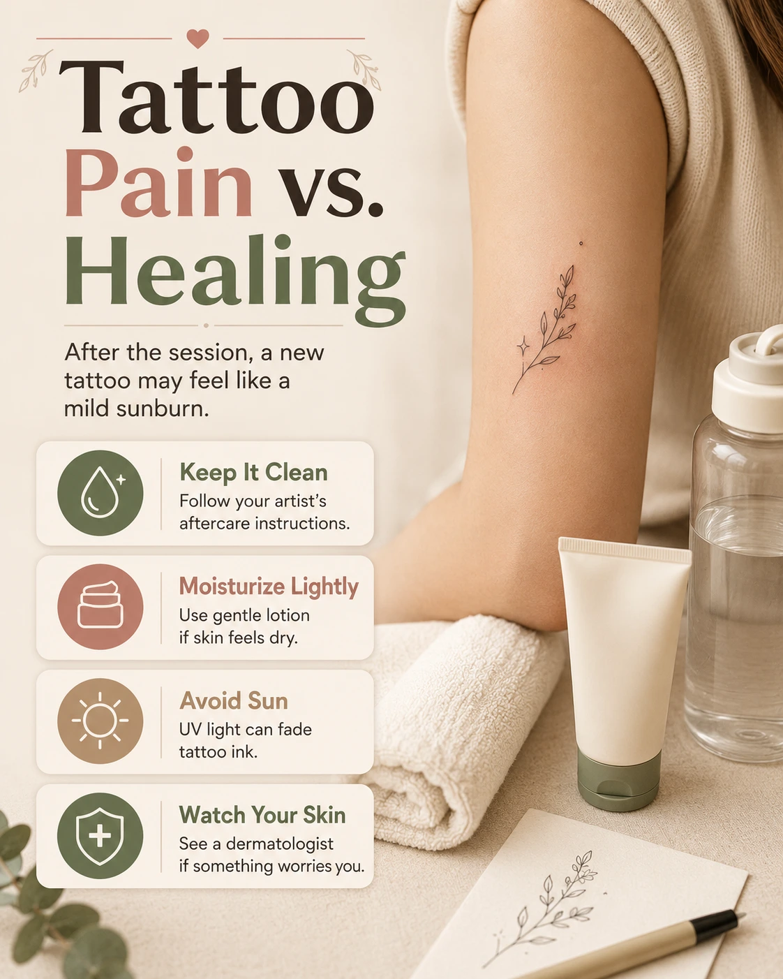 Tattoo pain versus healing aftercare guide with clean fine line tattoo and gentle skincare items
