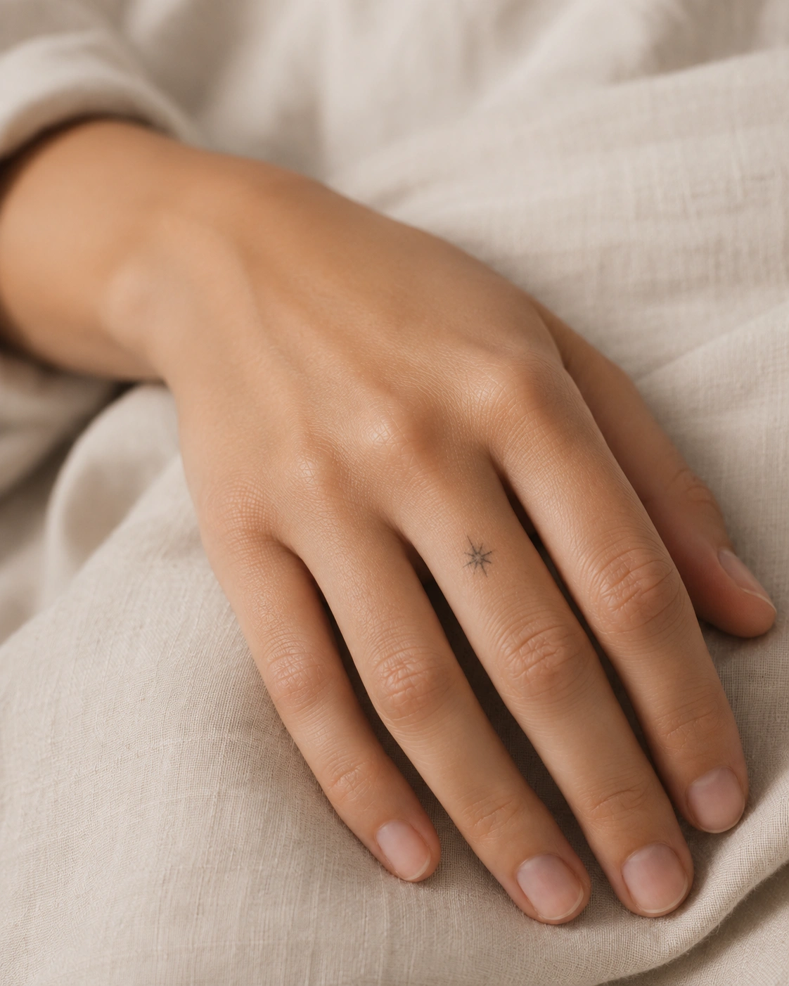 Tiny star tattoo on top of a finger