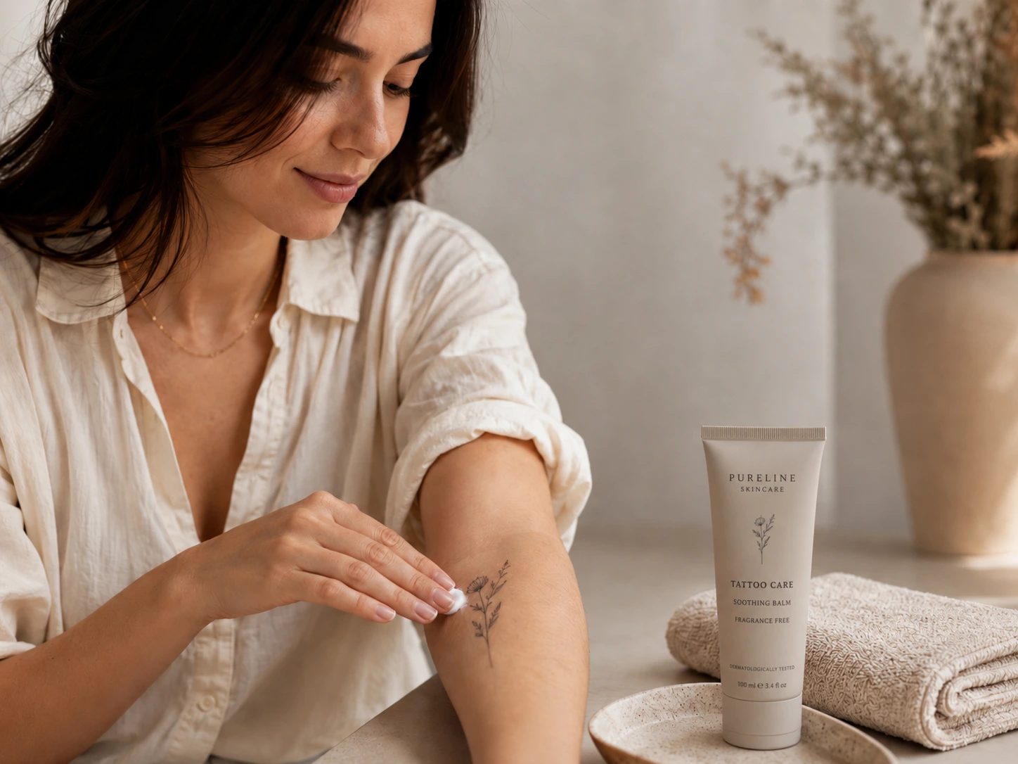 Small fine-line tattoo being gently cared for in a clean calm setting