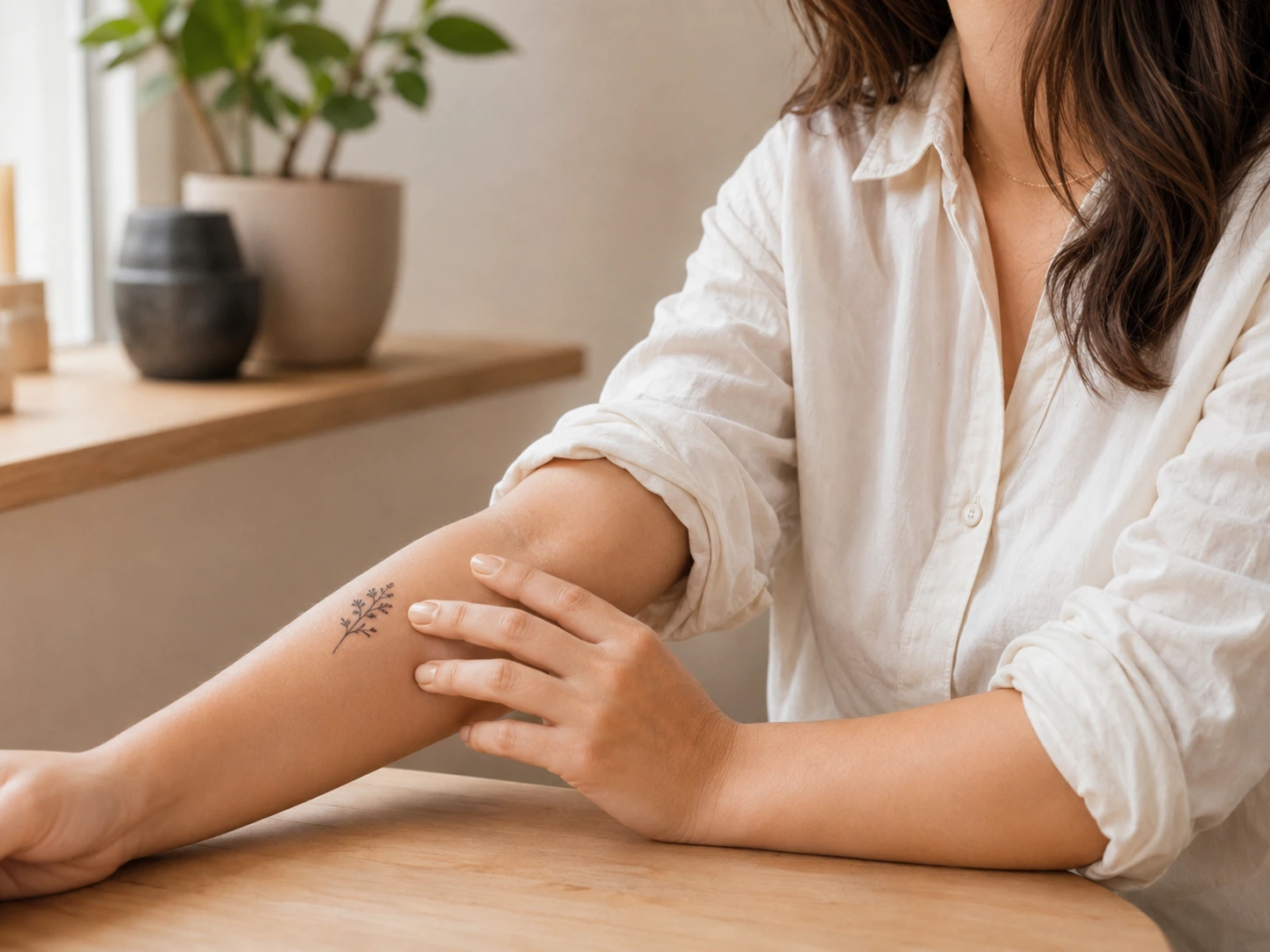 Person calmly checking a small healing tattoo and seeking professional guidance if needed